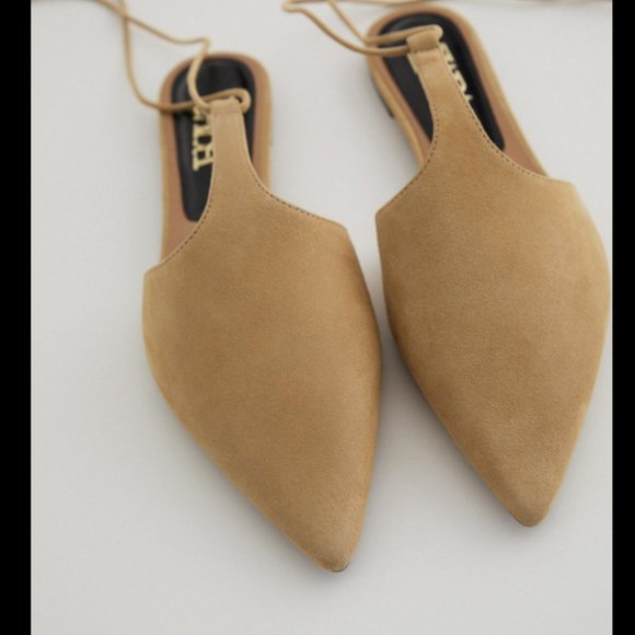 ZARA NUDE CAMEL 100% SUEDE LEATHER LACE UP POINTED FLATS - Picture 5 of 7